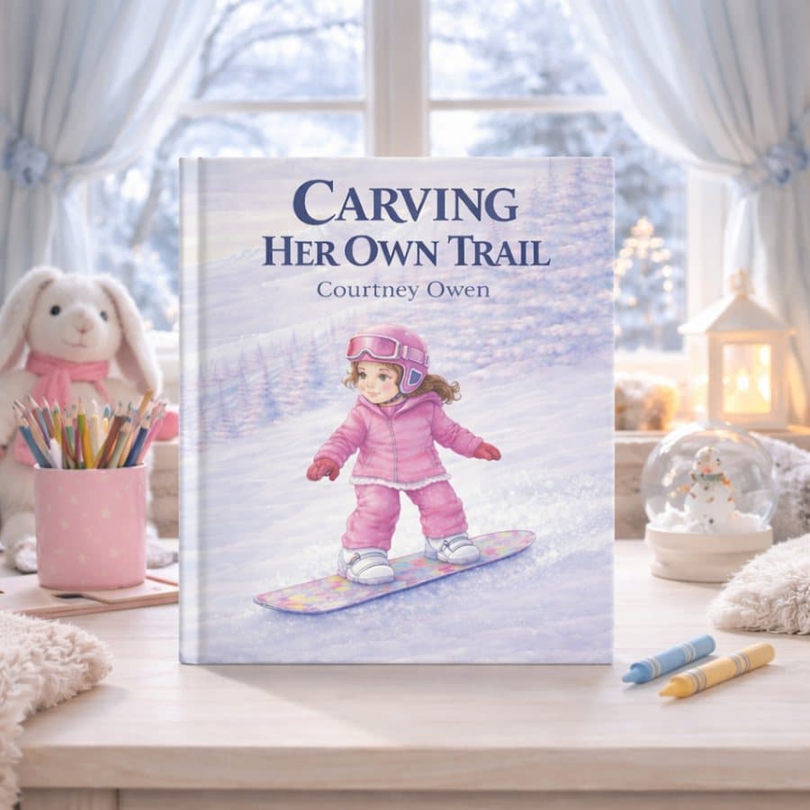 Carving Her Own Trail book cover, Ava in a pink snowsuit on a snowboard