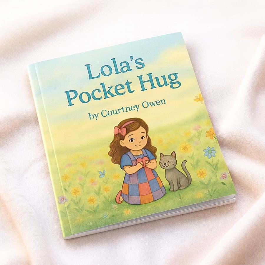 Lola's Pocket Hug book cover, Lola kneeling in a meadow holding a tiny heart beside her cat Mr Pickles