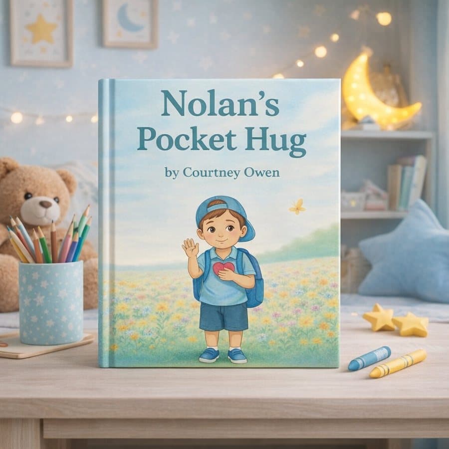 Nolan's Pocket Hug book cover, Nolan in a meadow holding his heart